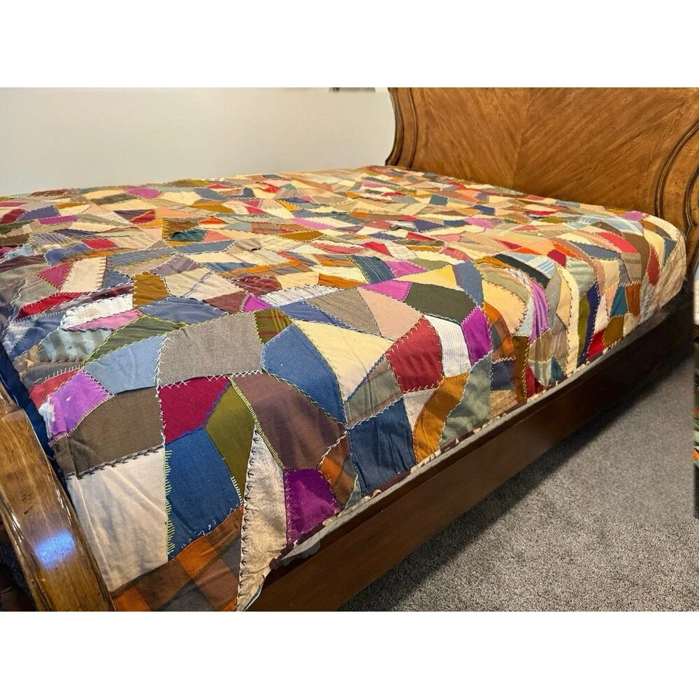 Antique Handmade Crazy Quilt Queen Size 80” X 84” Reversible Patchwork Floral